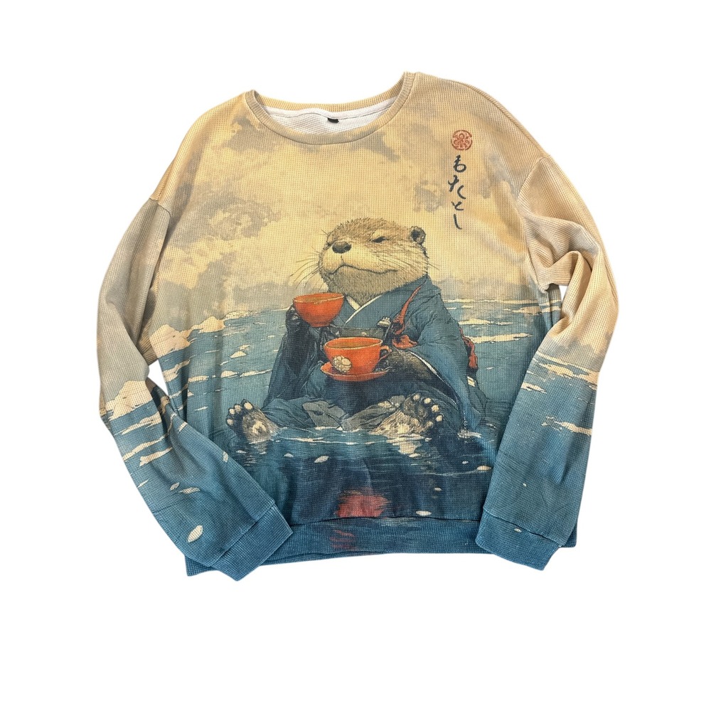 Otter‎ Tea All Over Print Waffle Knit Crewneck Sweatshirt Japanese Art Cozy 2XL